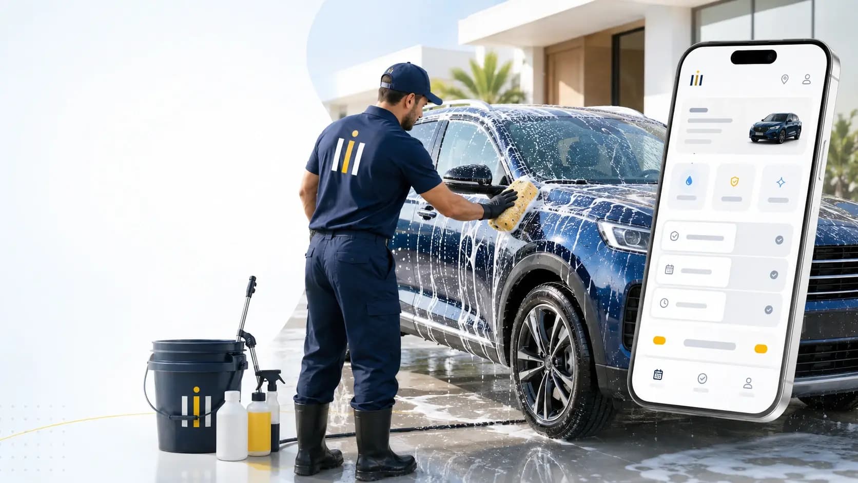 Lavador de uniforme Zapil lavando um SUV na porta de casa, com o app ao lado