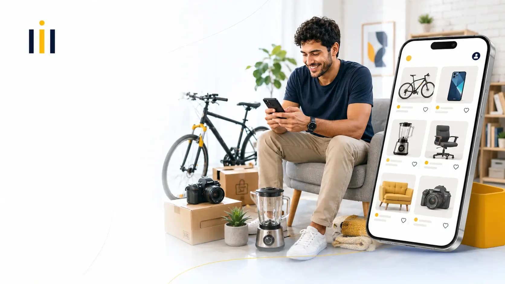 Pessoa no sofá anunciando bicicleta e câmera pelo app, com os itens ao lado