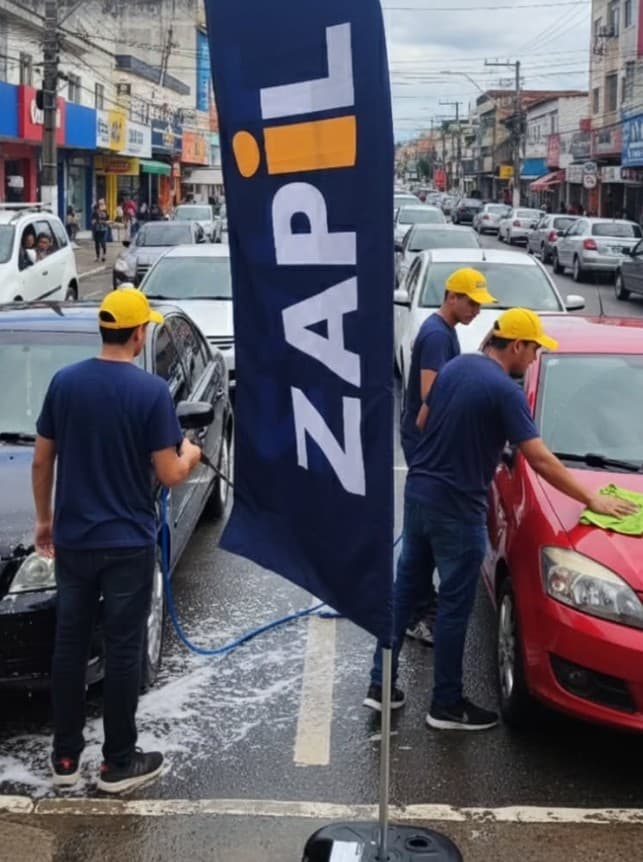 Equipe Zapil lavando carros na rua, com a bandeira da marca