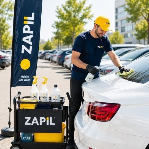 Lavador Zapil atendendo um carro no estacionamento do mercado